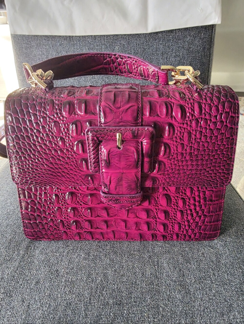 Croc-Embossed Top Handle Bag in Fuchsia Pink